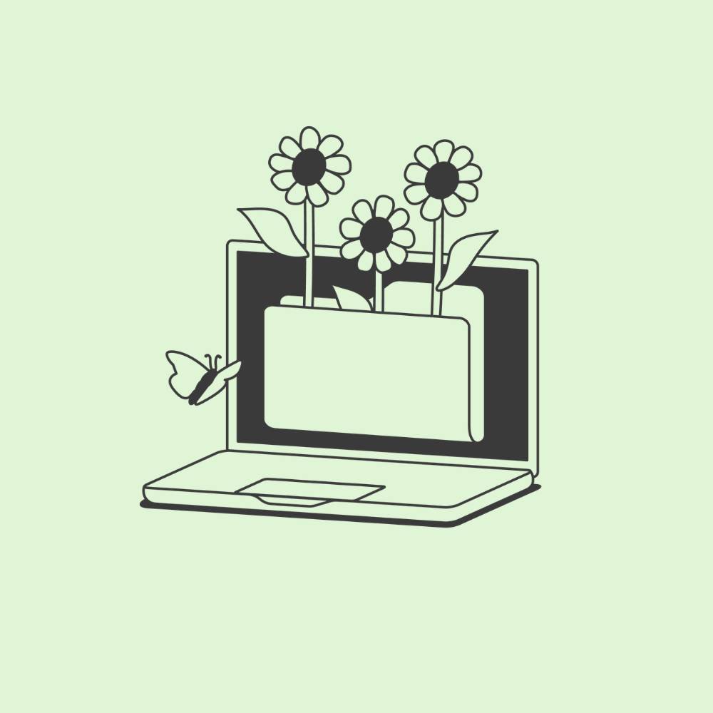 Illustratie van een laptop met bloemen. Afbeelding linkt door naar de pagina over duurzaam en veilig internetten