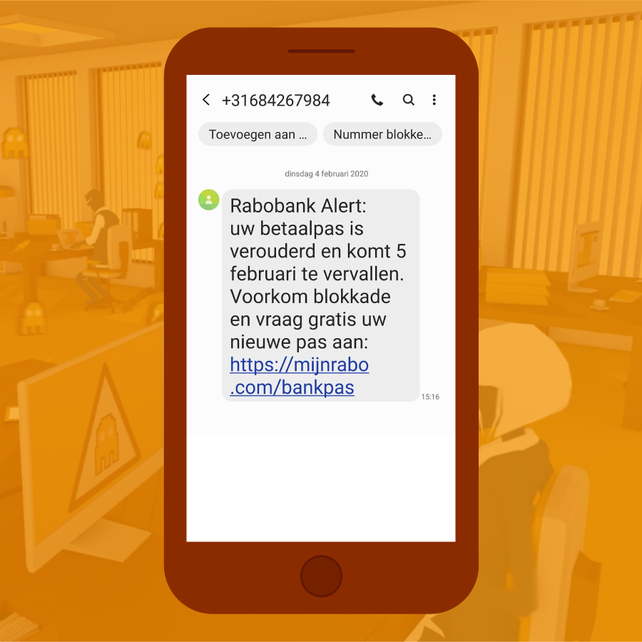 SMS van de Rabobank met verzoek om een nieuwe pas aan te vragen.